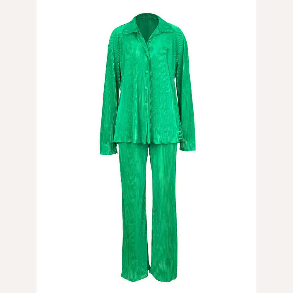 QFAF Fashion Pleated Women&#39;s Set Long Sleeve Oversized Shirt and Wide Leg Pants 2023 Elegant Tracksuit Two 2 Piece Set Outfits - KIMLUD
