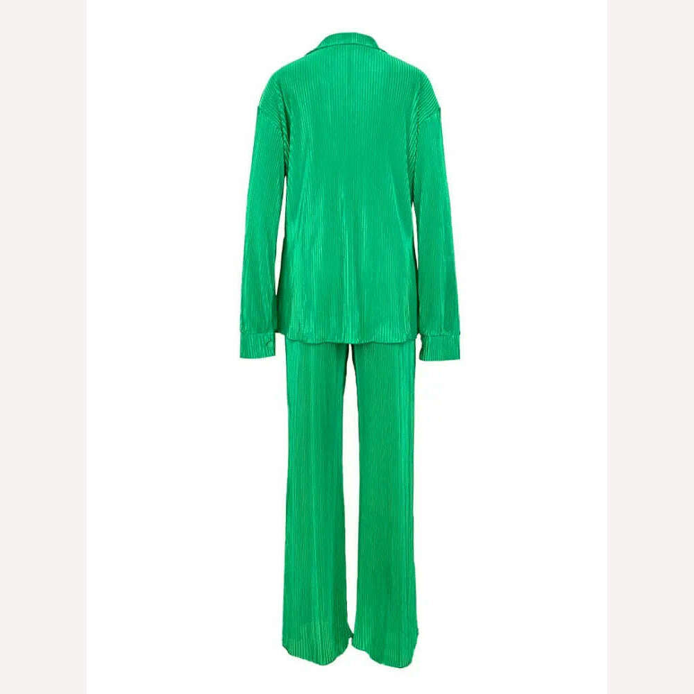 QFAF Fashion Pleated Women&#39;s Set Long Sleeve Oversized Shirt and Wide Leg Pants 2023 Elegant Tracksuit Two 2 Piece Set Outfits - KIMLUD