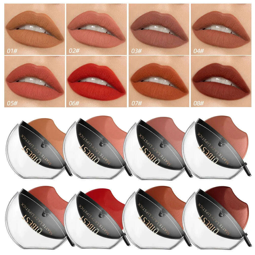 KIMLUD, QIBEST Lip-shaped Lipstick Makeup Lazy Lipstick Velvet Matte Moisturizing Lip Gloss Waterproof Non-stick Cup Long Lasting Makeup, KIMLUD Women's Clothes