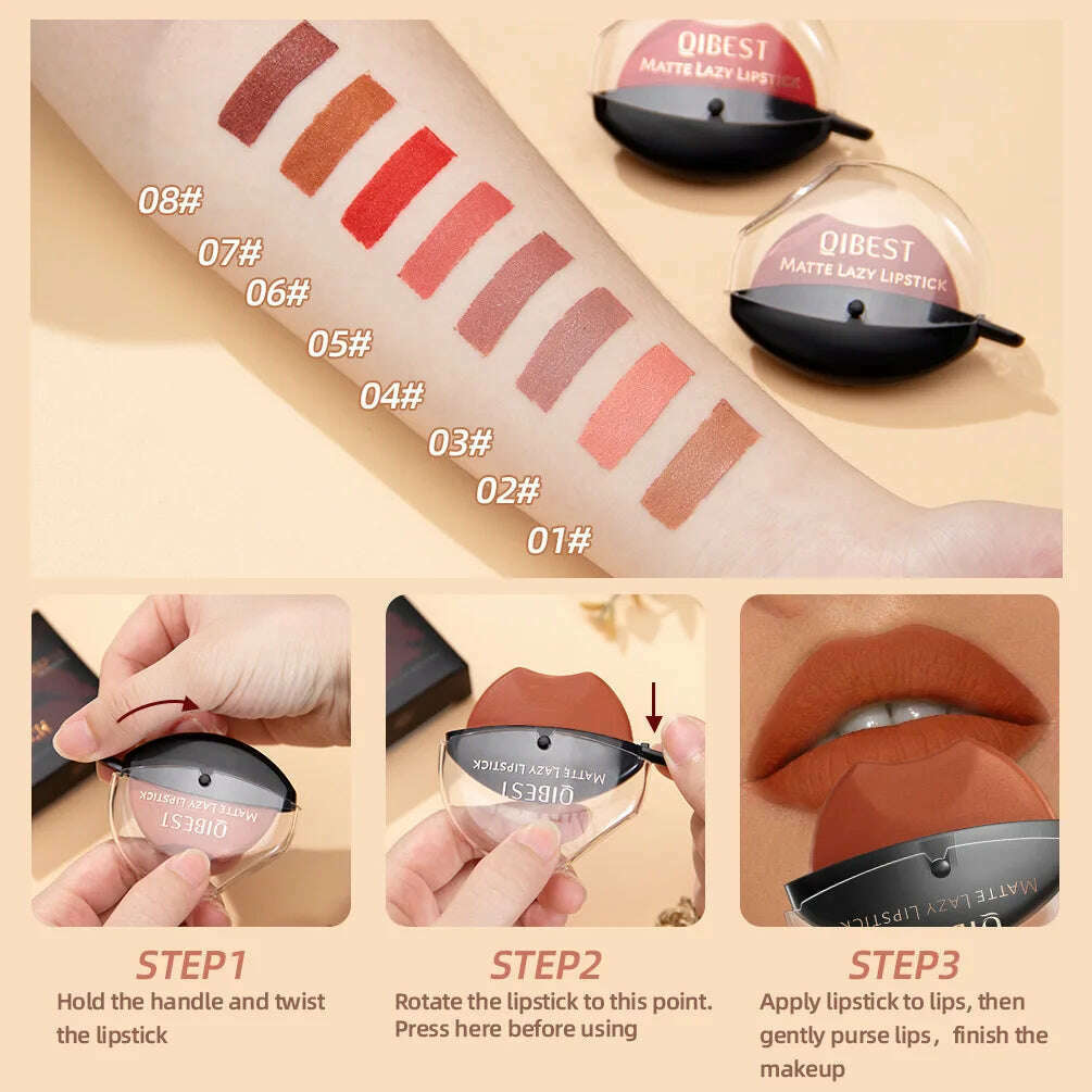 QIBEST Lip-shaped Lipstick Makeup Lazy Lipstick Velvet Matte Moisturizing Lip Gloss Waterproof Non-stick Cup Long Lasting Makeup - KIMLUD