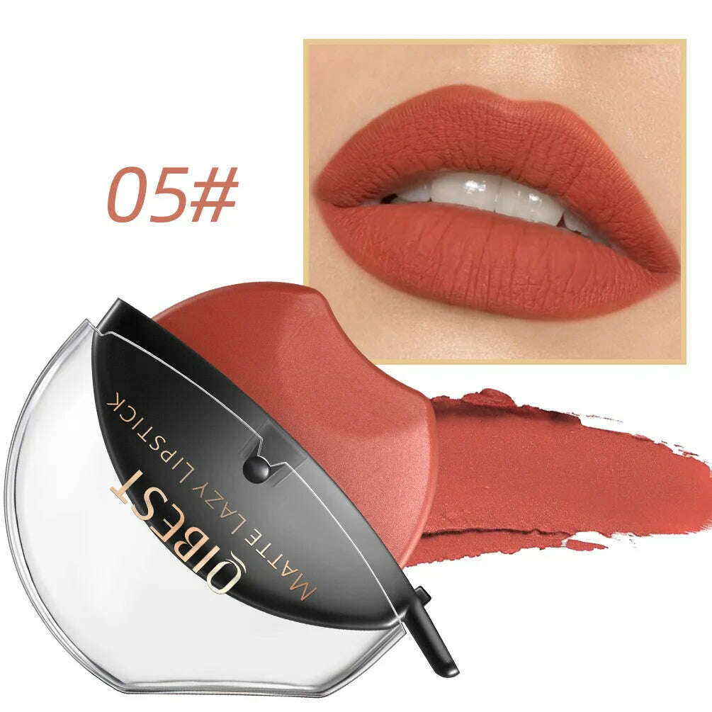 QIBEST Lip-shaped Lipstick Makeup Lazy Lipstick Velvet Matte Moisturizing Lip Gloss Waterproof Non-stick Cup Long Lasting Makeup - KIMLUD