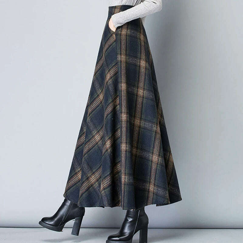 KIMLUD, Qooth Women Plaid Woolen Long Umbrella Skirt Elegant All Match A-line Skirt For Autumn Winter QT2279, KIMLUD Womens Clothes