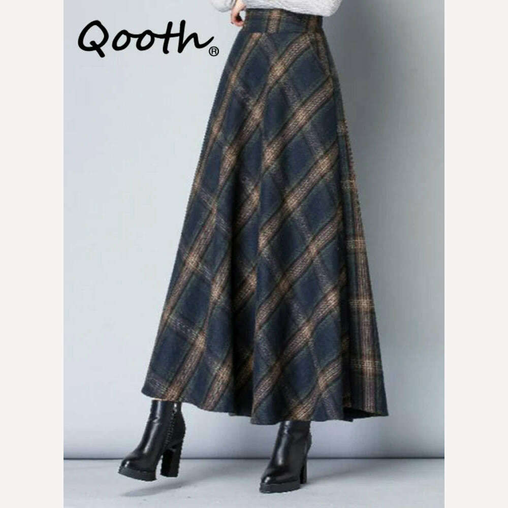 KIMLUD, Qooth Women Plaid Woolen Long Umbrella Skirt Elegant All Match A-line Skirt For Autumn Winter QT2279, KIMLUD Womens Clothes