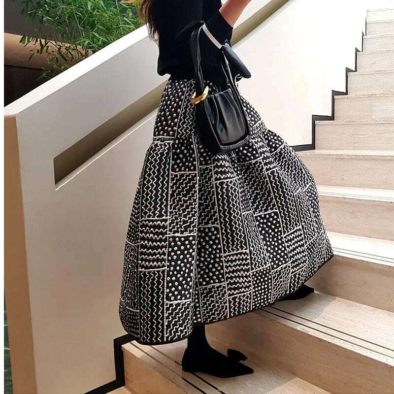 KIMLUD, Qooth Women Vintage 3D Printed Ball Gown Skirt Temperament Elastic Waist Long A-line Skirt For Autumn Winter QT2259, KIMLUD Womens Clothes
