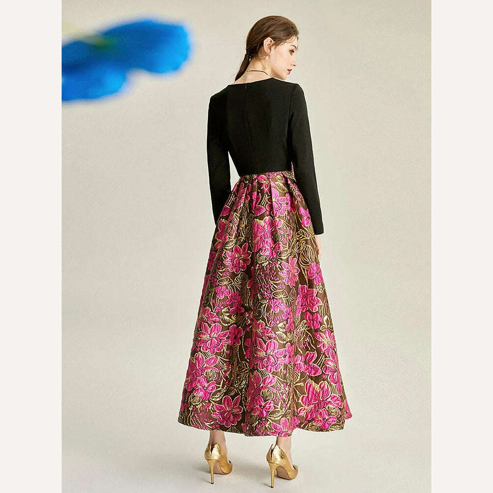 Quality Vintage Women Jacquard Dress New Elegant Clothing Evening Dresses Long Sleeve Spliced Spring Autumn Floral Ball Gown - KIMLUD