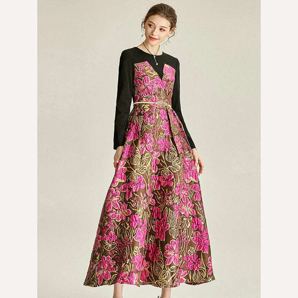 Quality Vintage Women Jacquard Dress New Elegant Clothing Evening Dresses Long Sleeve Spliced Spring Autumn Floral Ball Gown - KIMLUD