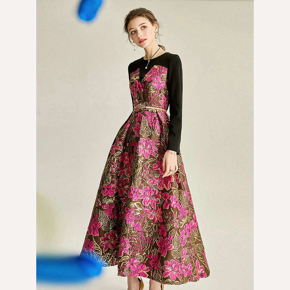 Quality Vintage Women Jacquard Dress New Elegant Clothing Evening Dresses Long Sleeve Spliced Spring Autumn Floral Ball Gown - KIMLUD