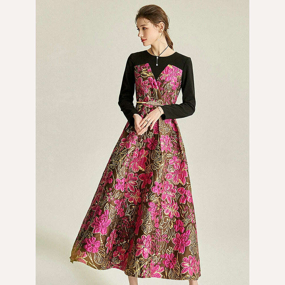 Quality Vintage Women Jacquard Dress New Elegant Clothing Evening Dresses Long Sleeve Spliced Spring Autumn Floral Ball Gown - KIMLUD