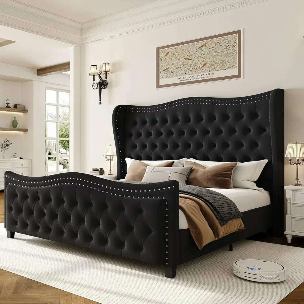 KIMLUD, Queen Bed Frame, Velvet Handmade Pleats Deep Button Tufted Wingback Platform Bed, No Box Spring Required，Black，Bed Frames, KIMLUD Womens Clothes