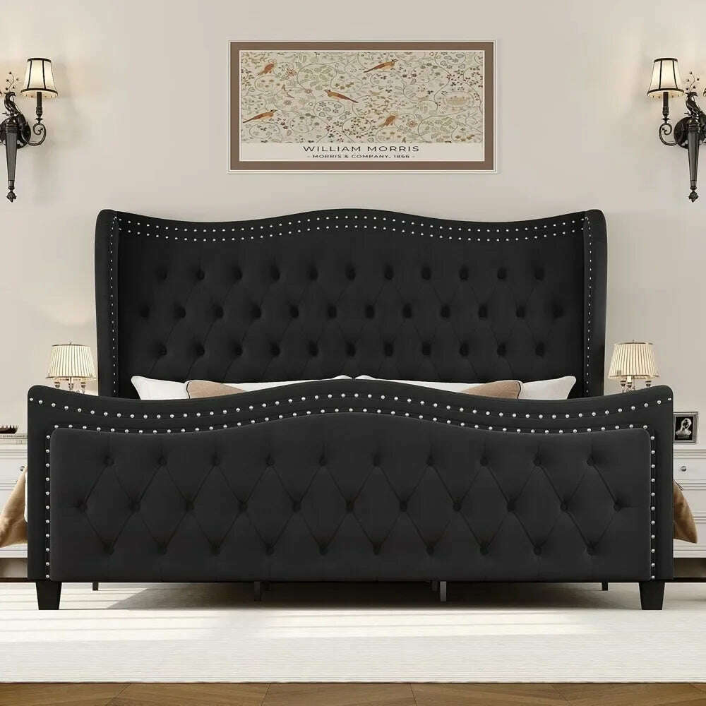 KIMLUD, Queen Bed Frame, Velvet Handmade Pleats Deep Button Tufted Wingback Platform Bed, No Box Spring Required，Black，Bed Frames, KIMLUD Womens Clothes