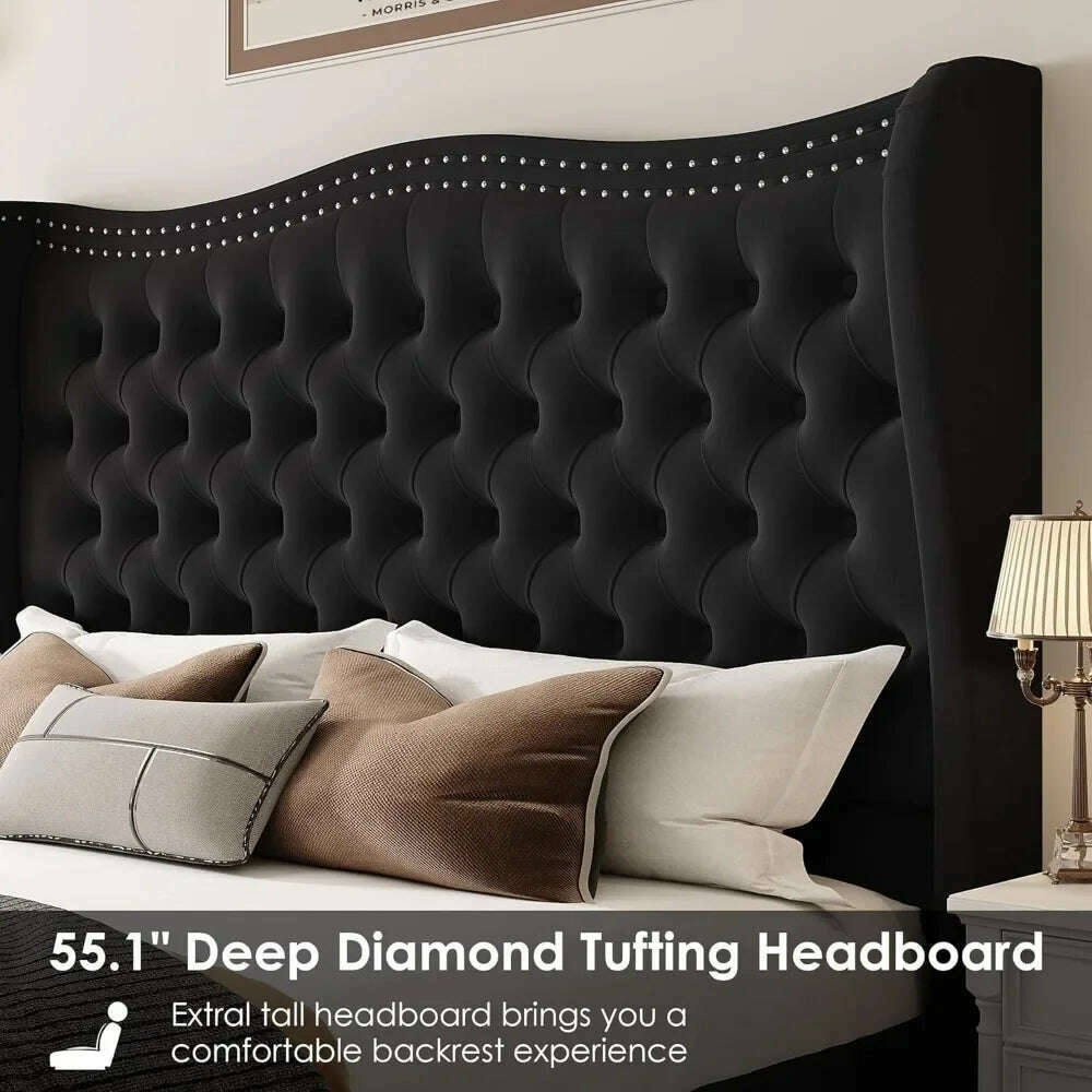KIMLUD, Queen Bed Frame, Velvet Handmade Pleats Deep Button Tufted Wingback Platform Bed, No Box Spring Required，Black，Bed Frames, KIMLUD Womens Clothes