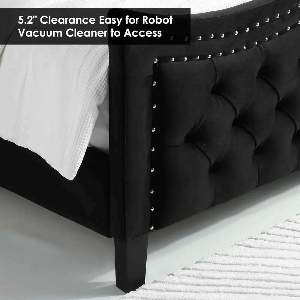 KIMLUD, Queen Bed Frame, Velvet Handmade Pleats Deep Button Tufted Wingback Platform Bed, No Box Spring Required，Black，Bed Frames, KIMLUD Womens Clothes