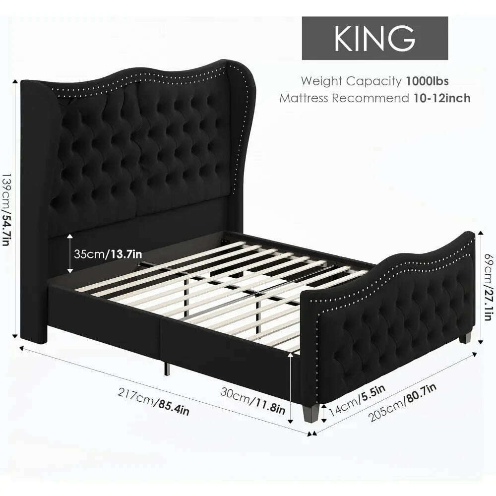 KIMLUD, Queen Bed Frame, Velvet Handmade Pleats Deep Button Tufted Wingback Platform Bed, No Box Spring Required，Black，Bed Frames, KIMLUD Womens Clothes