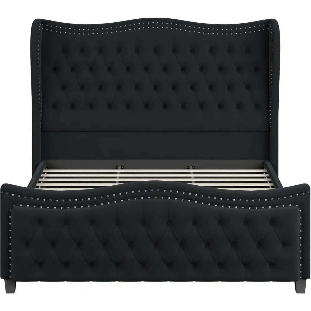 KIMLUD, Queen Bed Frame, Velvet Handmade Pleats Deep Button Tufted Wingback Platform Bed, No Box Spring Required，Black，Bed Frames, KIMLUD Womens Clothes