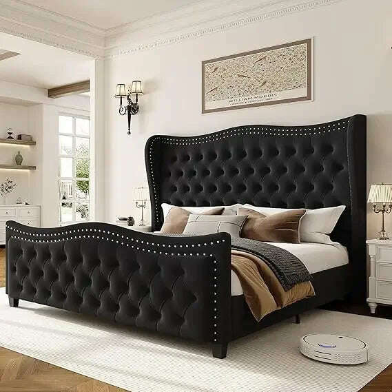 KIMLUD, Queen Bed Frame, Velvet Handmade Pleats Deep Button Tufted Wingback Platform Bed, No Box Spring Required，Black，Bed Frames, Black / Queen / United States, KIMLUD APPAREL - Womens Clothes