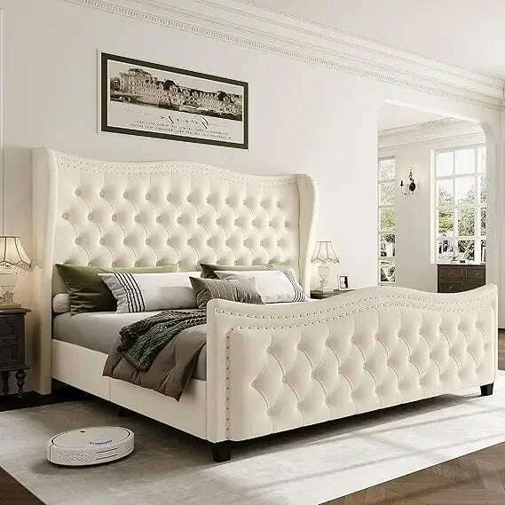 KIMLUD, Queen Bed Frame, Velvet Handmade Pleats Deep Button Tufted Wingback Platform Bed, No Box Spring Required，Black，Bed Frames, Beige / King / United States, KIMLUD APPAREL - Womens Clothes