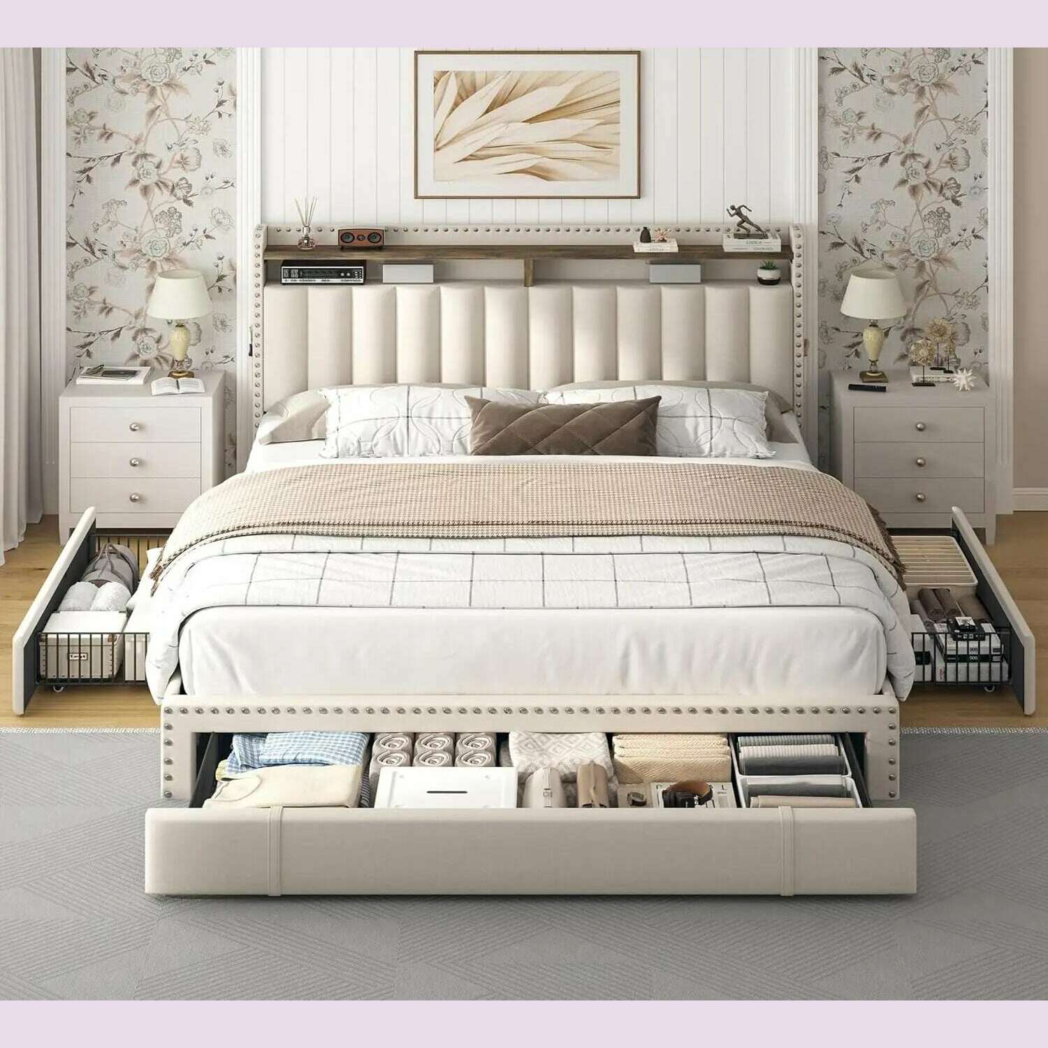KIMLUD, Queen Bed Frame with 3 Drawers,Bed Frame Queen Size with Upholstered Headboard and Storage,2-Tier Shelves,for Strong Support, No, KIMLUD Womens Clothes