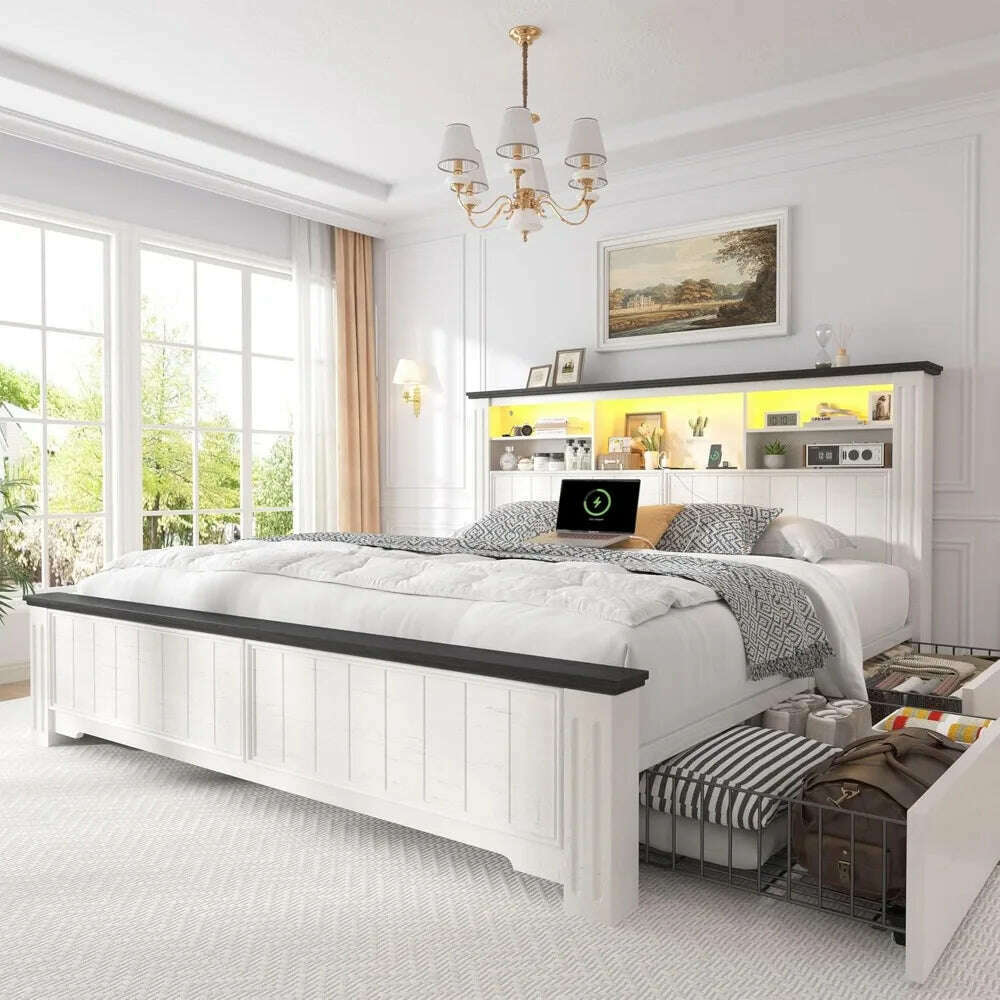 KIMLUD, Queen Bed Frame with Headboard and Storage, Size Beds Frames with Storage Farmhouse, Built in Charging Station, Bed Frame, White / United States, KIMLUD APPAREL - Womens Clothes