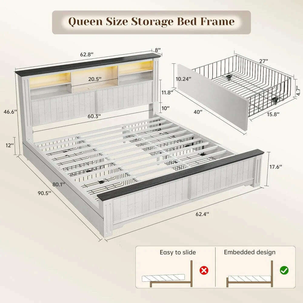 KIMLUD, Queen Bed Frame with Headboard and Storage, Size Beds Frames with Storage Farmhouse, Built in Charging Station, Bed Frame, KIMLUD Womens Clothes