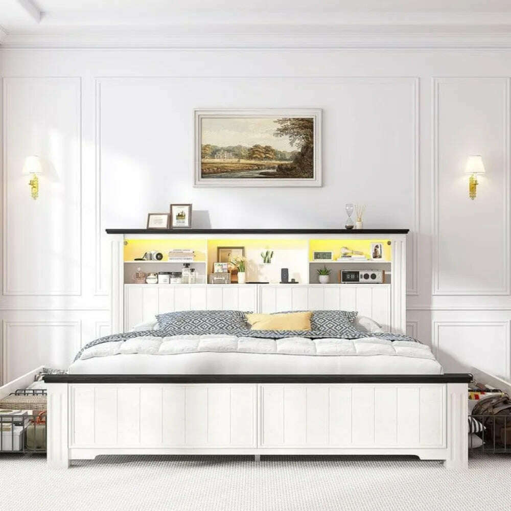 KIMLUD, Queen Bed Frame with Headboard and Storage, Size Beds Frames with Storage Farmhouse, Built in Charging Station, Bed Frame, KIMLUD Womens Clothes