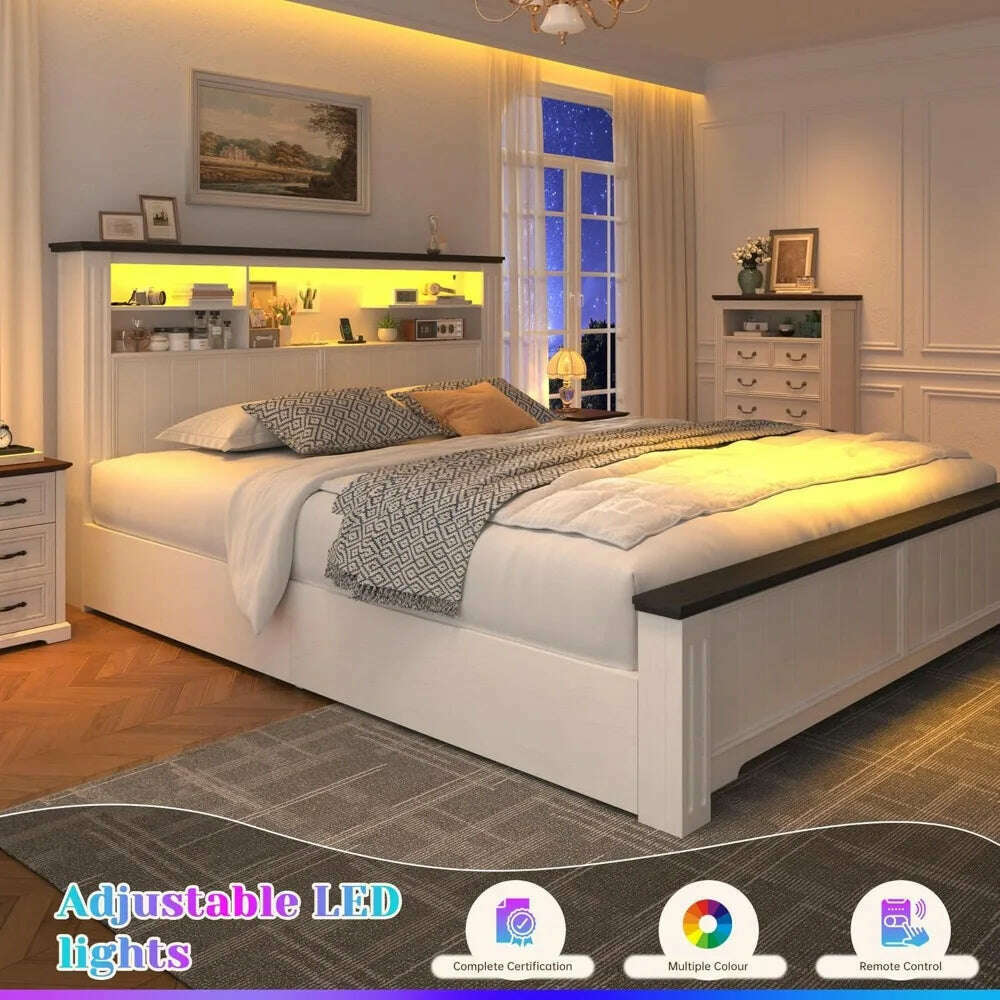 KIMLUD, Queen Bed Frame with Headboard and Storage, Size Beds Frames with Storage Farmhouse, Built in Charging Station, Bed Frame, KIMLUD Womens Clothes