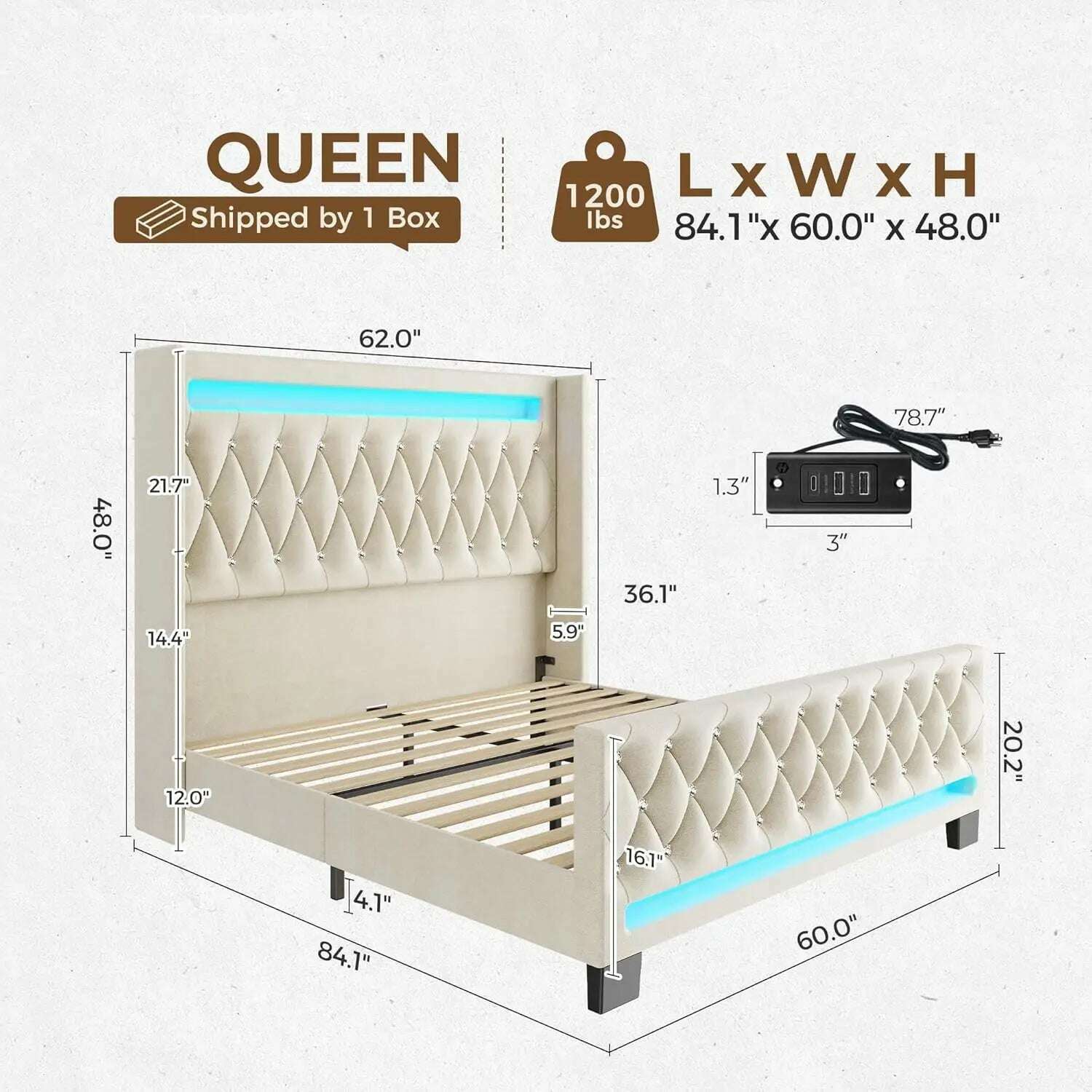 KIMLUD, Queen Bed Frame with LED Light and Charging Station, Upholstered High Headboard and Footboard, Wood Slats, Noise Free, KIMLUD Womens Clothes