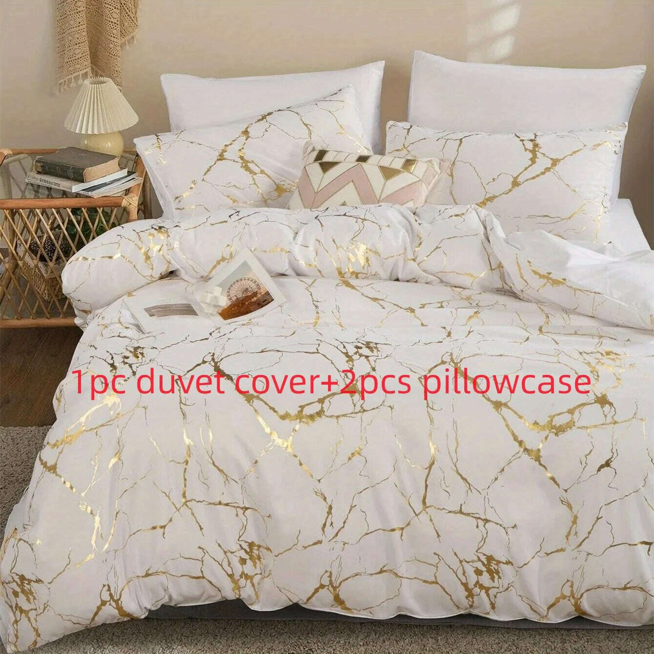 Queen Bedding Duvet Cover Set White Marble Printed 3 Piece Luxury Microfiber Down Comforter Quilt Cover with Zipper Closure - KIMLUD