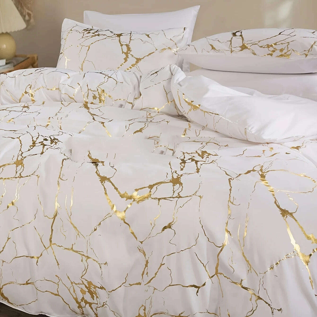 Queen Bedding Duvet Cover Set White Marble Printed 3 Piece Luxury Microfiber Down Comforter Quilt Cover with Zipper Closure - KIMLUD
