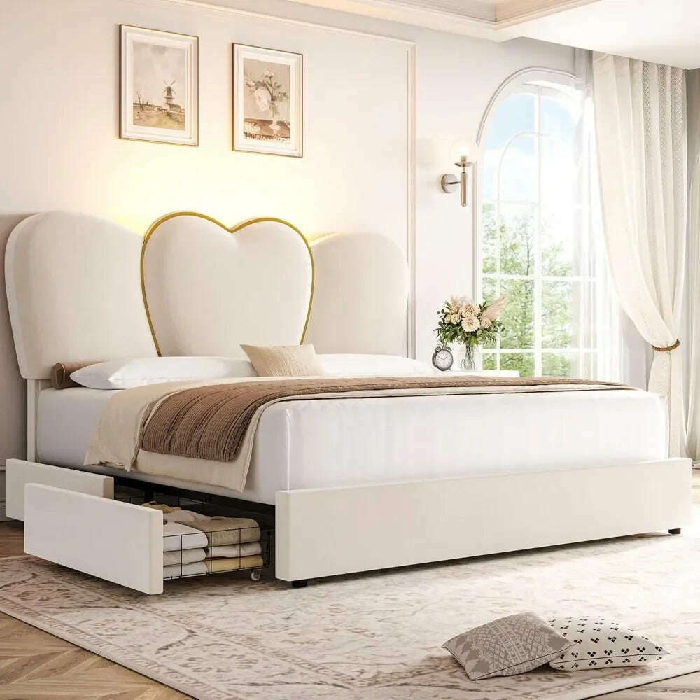 KIMLUD, Queen LED Bed Frame with 4 Storage Drawers, Modern Velvet Upholstered Platform Bed with 55" Tall Heart Shaped Headboard, KIMLUD Womens Clothes