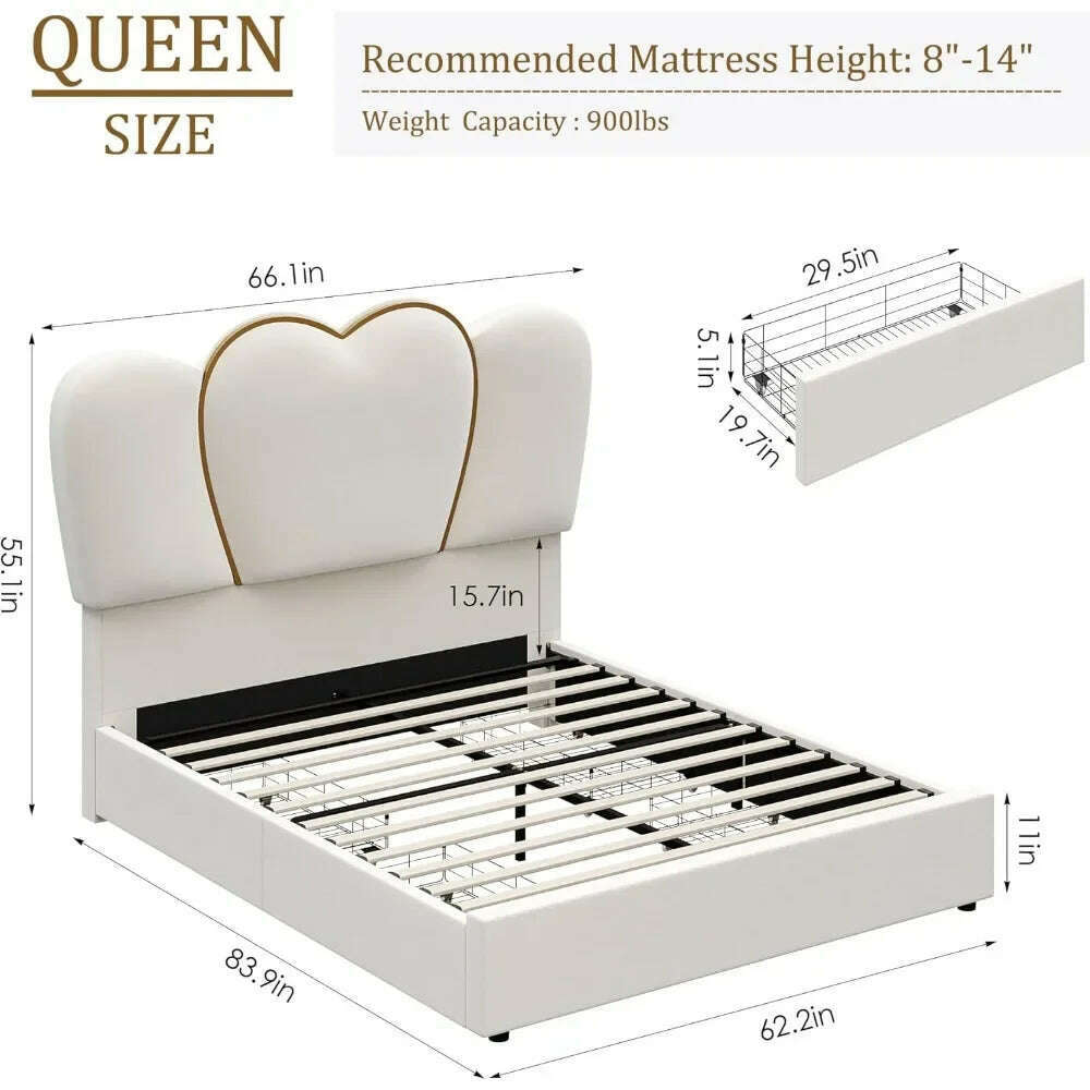 KIMLUD, Queen LED Bed Frame with 4 Storage Drawers, Modern Velvet Upholstered Platform Bed with 55" Tall Heart Shaped Headboard, KIMLUD Womens Clothes