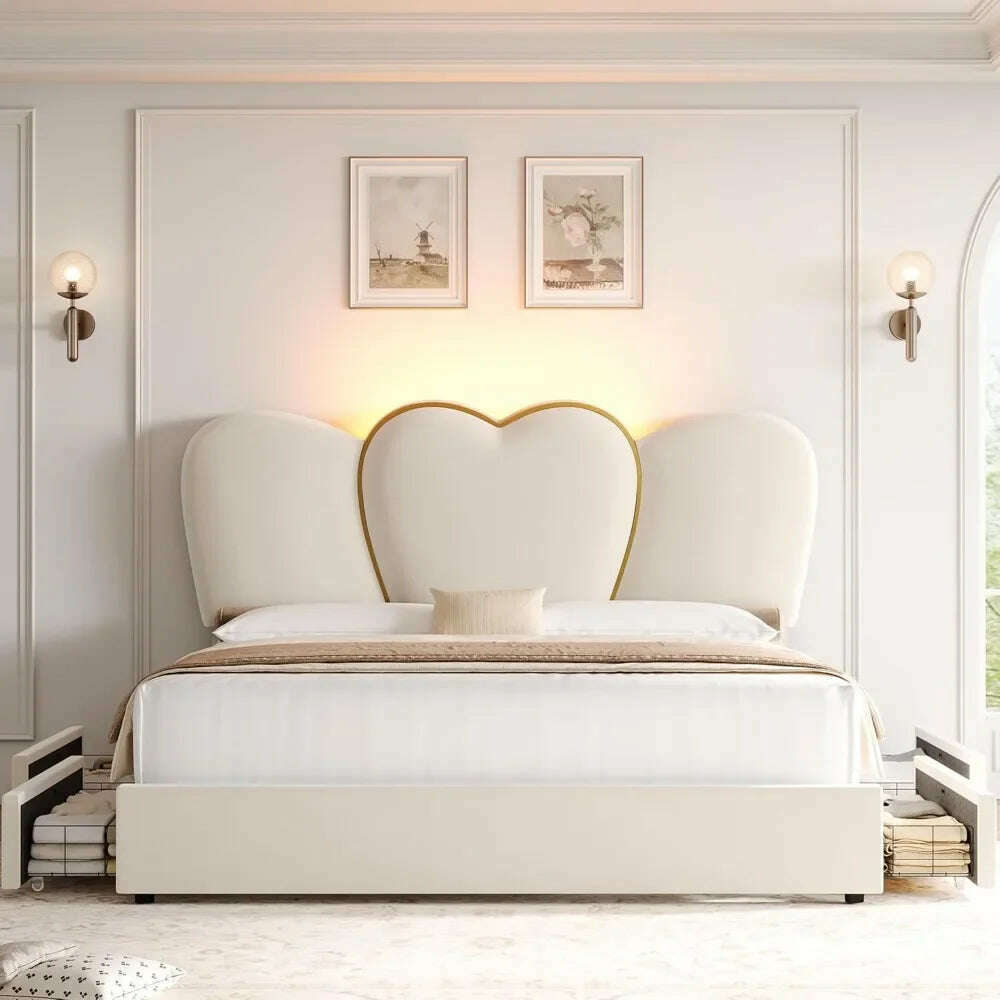KIMLUD, Queen LED Bed Frame with 4 Storage Drawers, Modern Velvet Upholstered Platform Bed with 55" Tall Heart Shaped Headboard, KIMLUD Womens Clothes