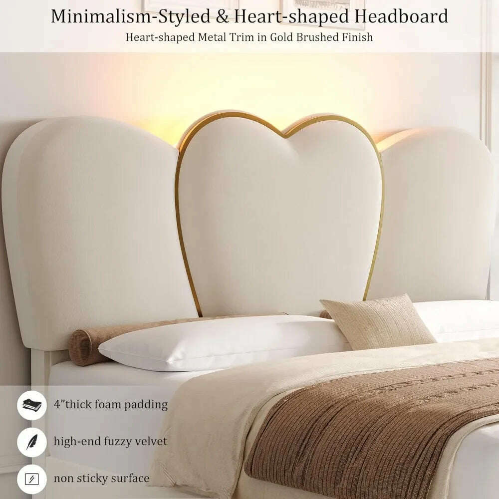 KIMLUD, Queen LED Bed Frame with 4 Storage Drawers, Modern Velvet Upholstered Platform Bed with 55" Tall Heart Shaped Headboard, KIMLUD Womens Clothes