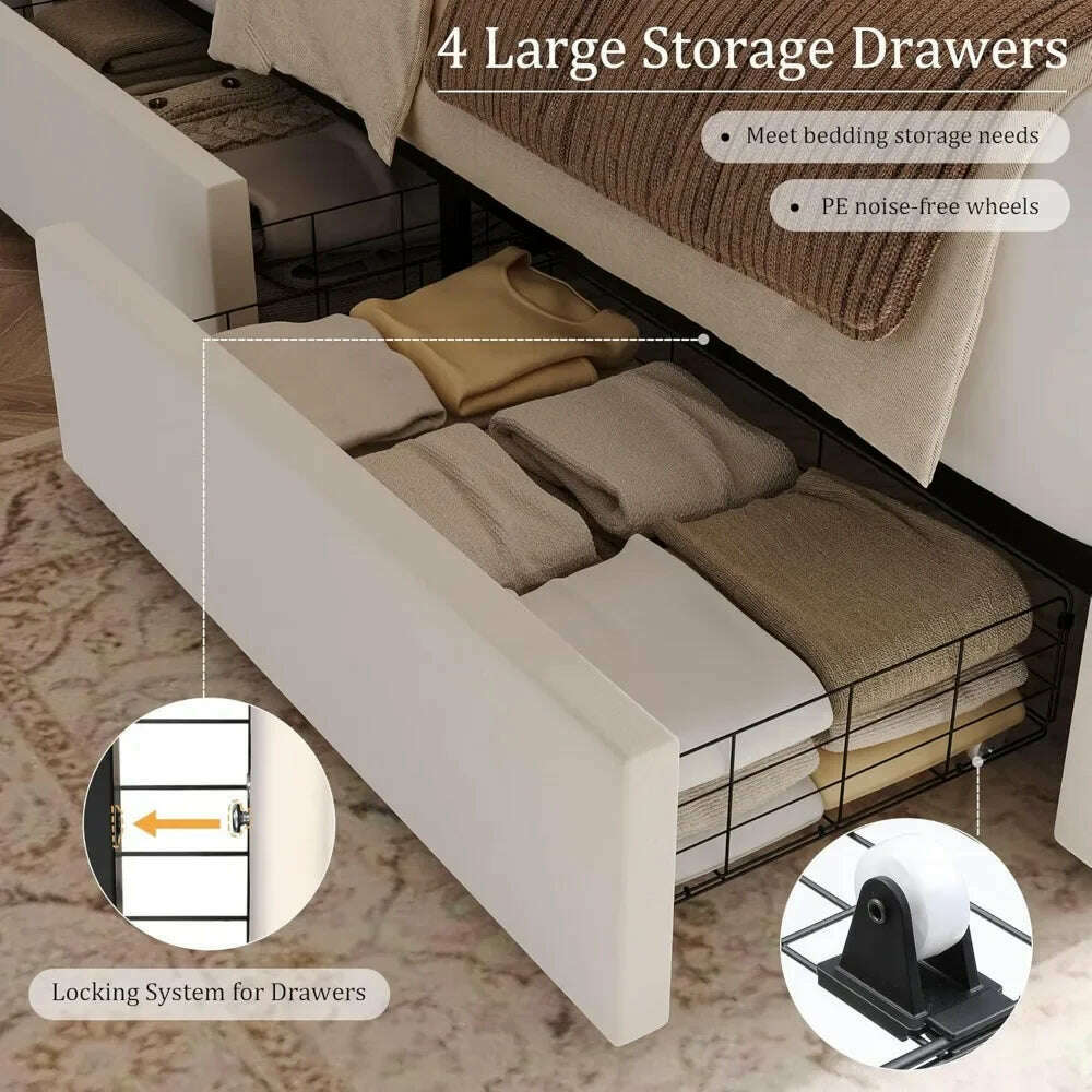 KIMLUD, Queen LED Bed Frame with 4 Storage Drawers, Modern Velvet Upholstered Platform Bed with 55" Tall Heart Shaped Headboard, KIMLUD Womens Clothes
