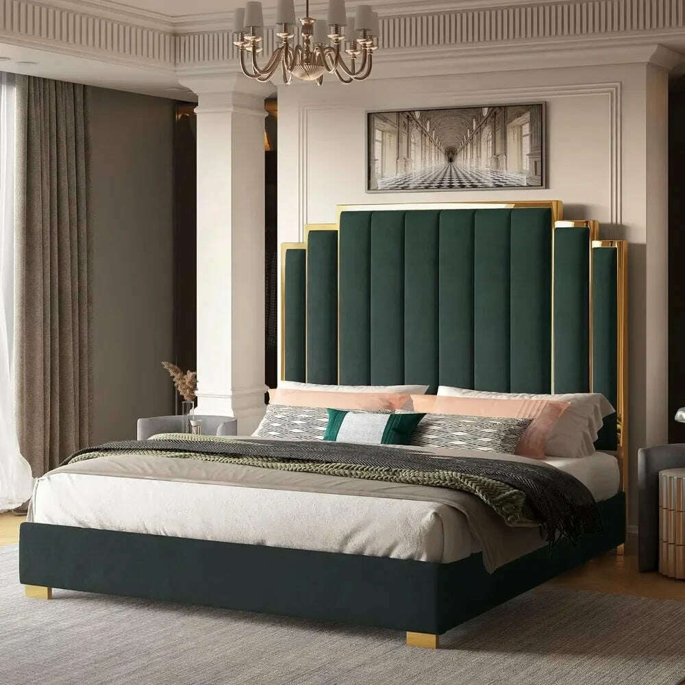 Queen Size Bed Frame, 61.4" Velvet Upholstered Beds with Gold Trim Headboard/No Box Spring Needed, Queen Size Bed Frame - KIMLUD