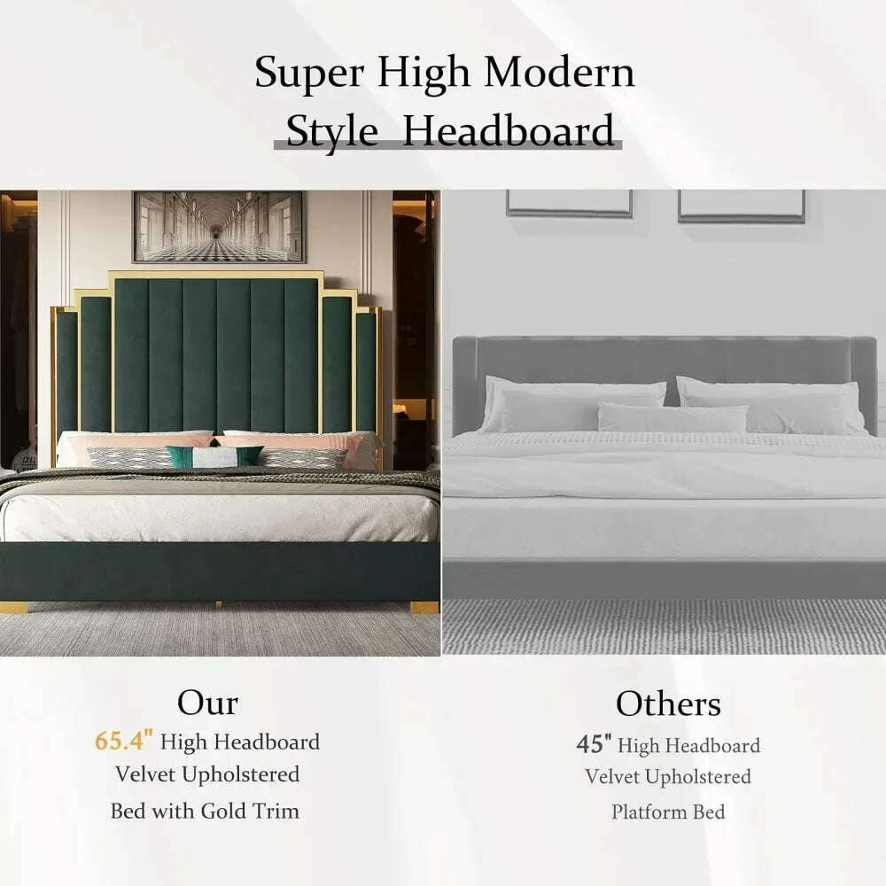 Queen Size Bed Frame, 61.4" Velvet Upholstered Beds with Gold Trim Headboard/No Box Spring Needed, Queen Size Bed Frame - KIMLUD