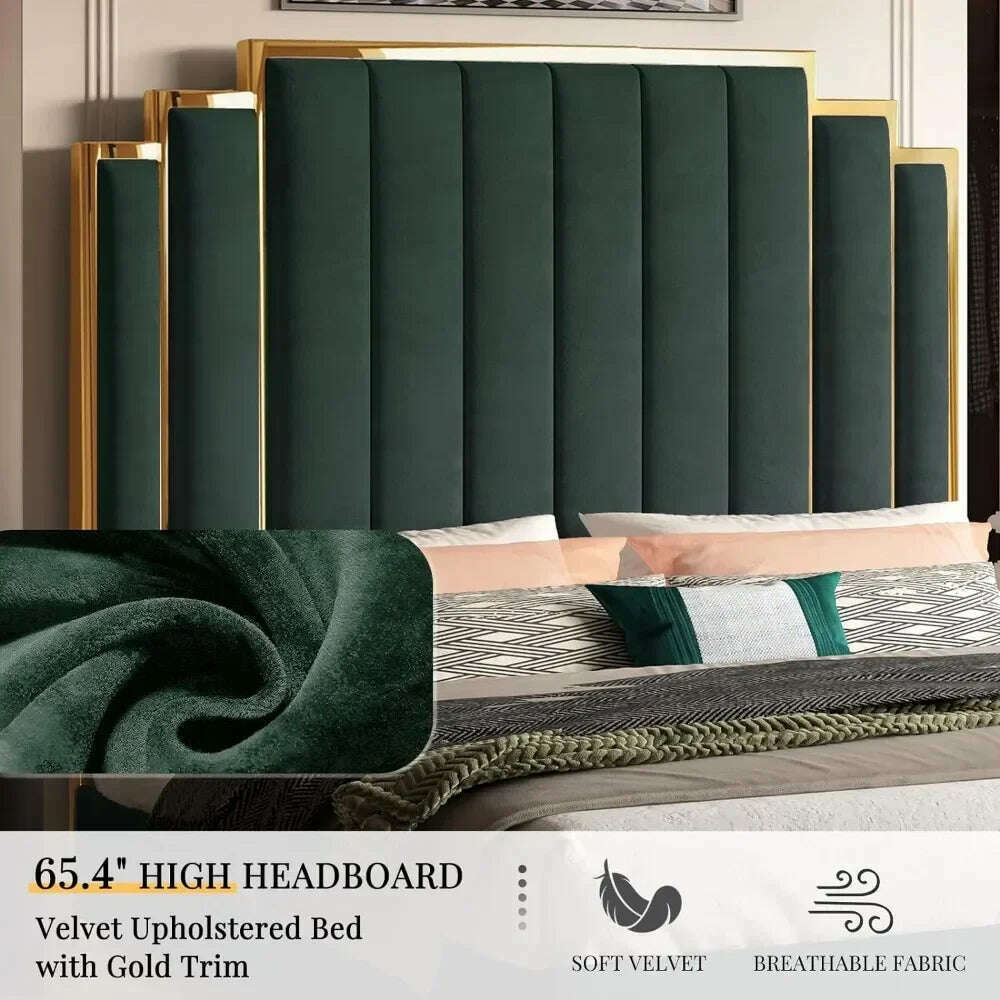 Queen Size Bed Frame, 61.4" Velvet Upholstered Beds with Gold Trim Headboard/No Box Spring Needed, Queen Size Bed Frame - KIMLUD