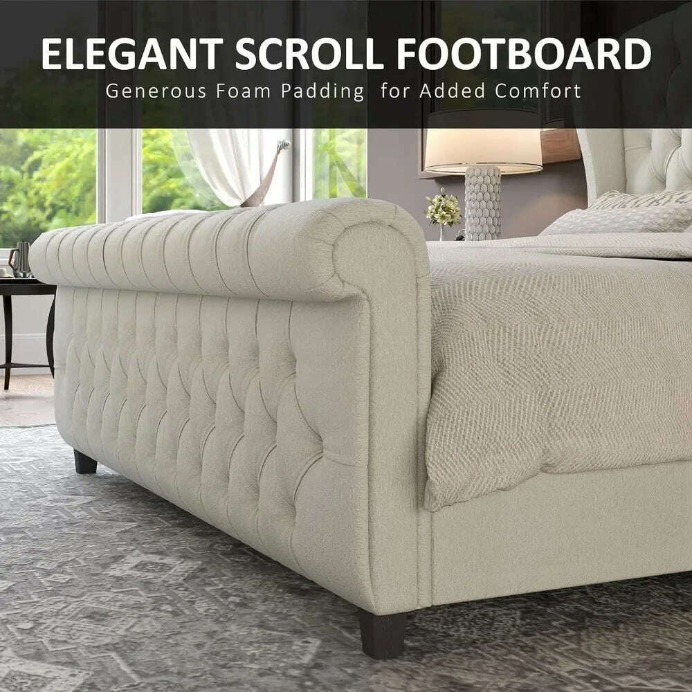 Queen Size Bed Frame, Chenille Upholstered Sleigh Bed with Scroll Wingback Headboard & Footboard/Button Tufted, Queen Bed Frame - KIMLUD