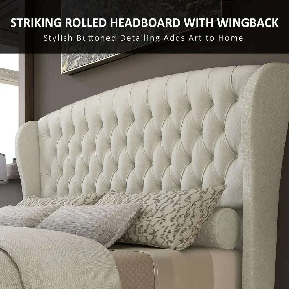 Queen Size Bed Frame, Chenille Upholstered Sleigh Bed with Scroll Wingback Headboard & Footboard/Button Tufted, Queen Bed Frame - KIMLUD