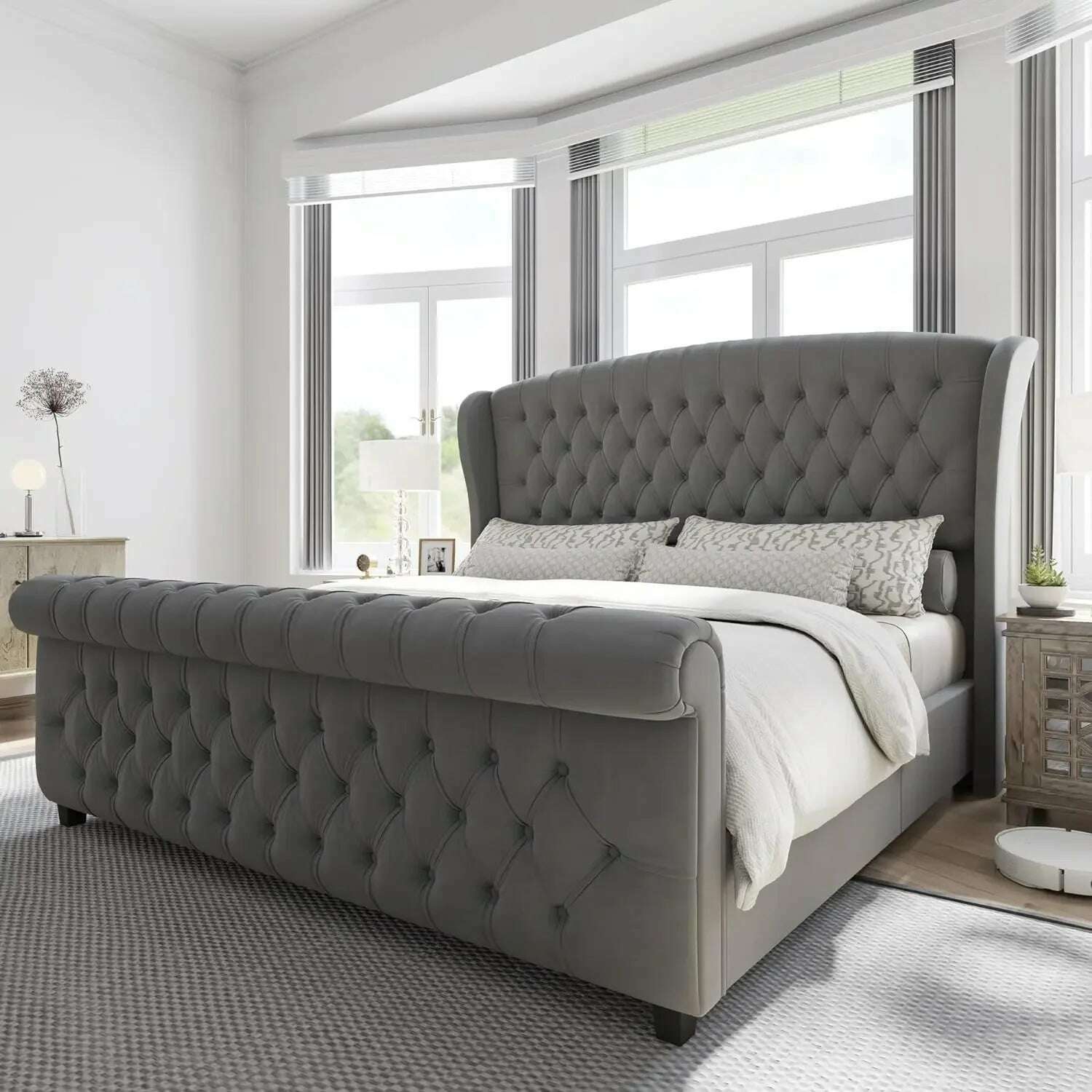 Queen Size Bed Frame, Chenille Upholstered Sleigh Bed with Scroll Wingback Headboard & Footboard/Button Tufted, Queen Bed Frame - KIMLUD