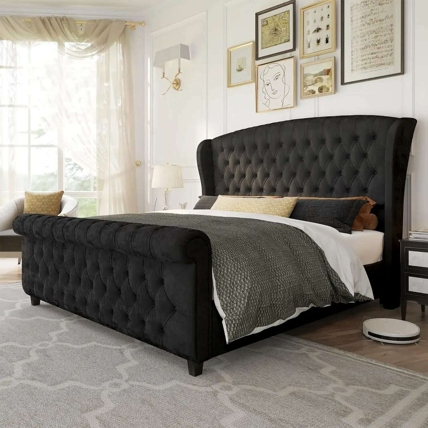 Queen Size Bed Frame, Chenille Upholstered Sleigh Bed with Scroll Wingback Headboard & Footboard/Button Tufted, Queen Bed Frame - KIMLUD