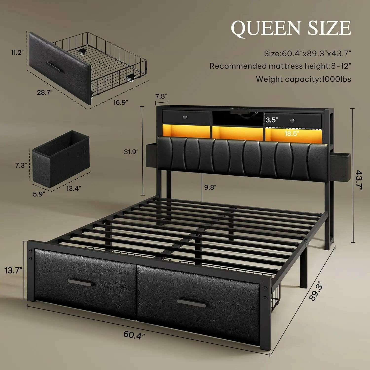 KIMLUD, Queen Size Bed Frame with 2 Storage Drawers and Charging Station, Upholstered Platform Bed with Storage Headboard and LED Light, KIMLUD Womens Clothes
