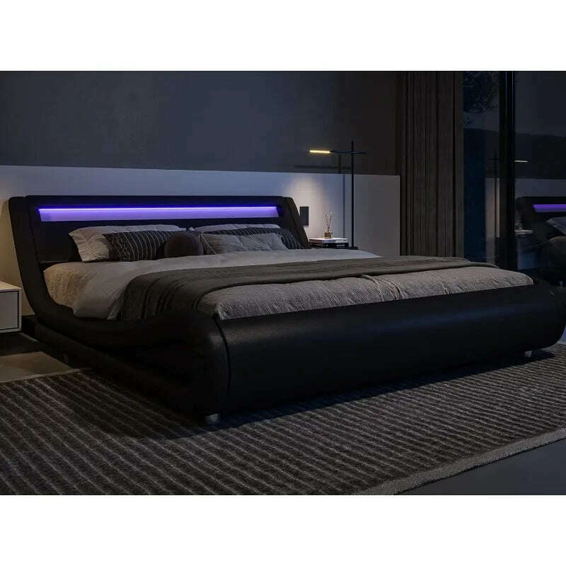 KIMLUD, Queen Size LED Platform Bed Frame with Adjustable Headboard/No Box Spring Need/Easy Assembly/Faux Leather in Black, KIMLUD Womens Clothes