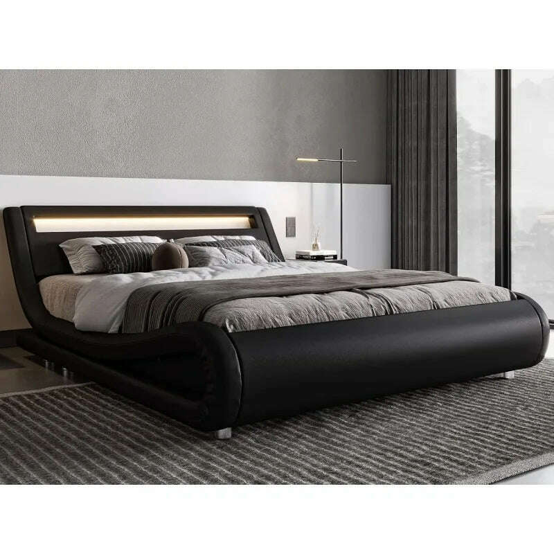 KIMLUD, Queen Size LED Platform Bed Frame with Adjustable Headboard/No Box Spring Need/Easy Assembly/Faux Leather in Black, KIMLUD Womens Clothes