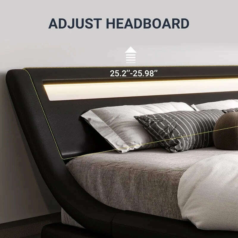 KIMLUD, Queen Size LED Platform Bed Frame with Adjustable Headboard/No Box Spring Need/Easy Assembly/Faux Leather in Black, KIMLUD Womens Clothes