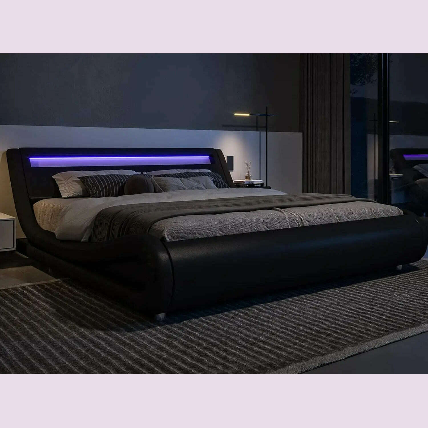 KIMLUD, Queen Size LED Platform Bed Frame with Adjustable Headboard/No Box Spring Need/Easy Assembly/Faux Leather in Black, Black / United States, KIMLUD APPAREL - Womens Clothes