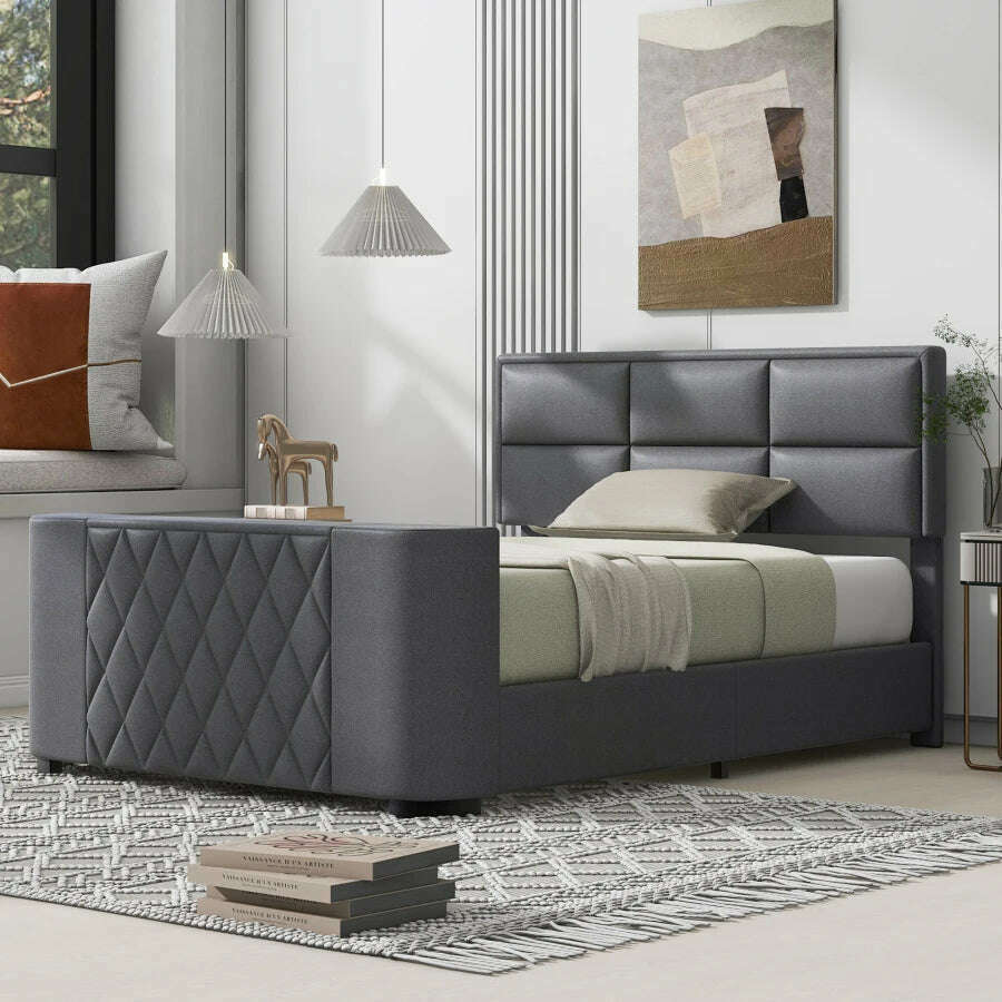 Queen Size Modern Upholstery TV Platform Bed Frame with Height- adjustable Headboard and Support Legs, with Rotating TV Mount - KIMLUD