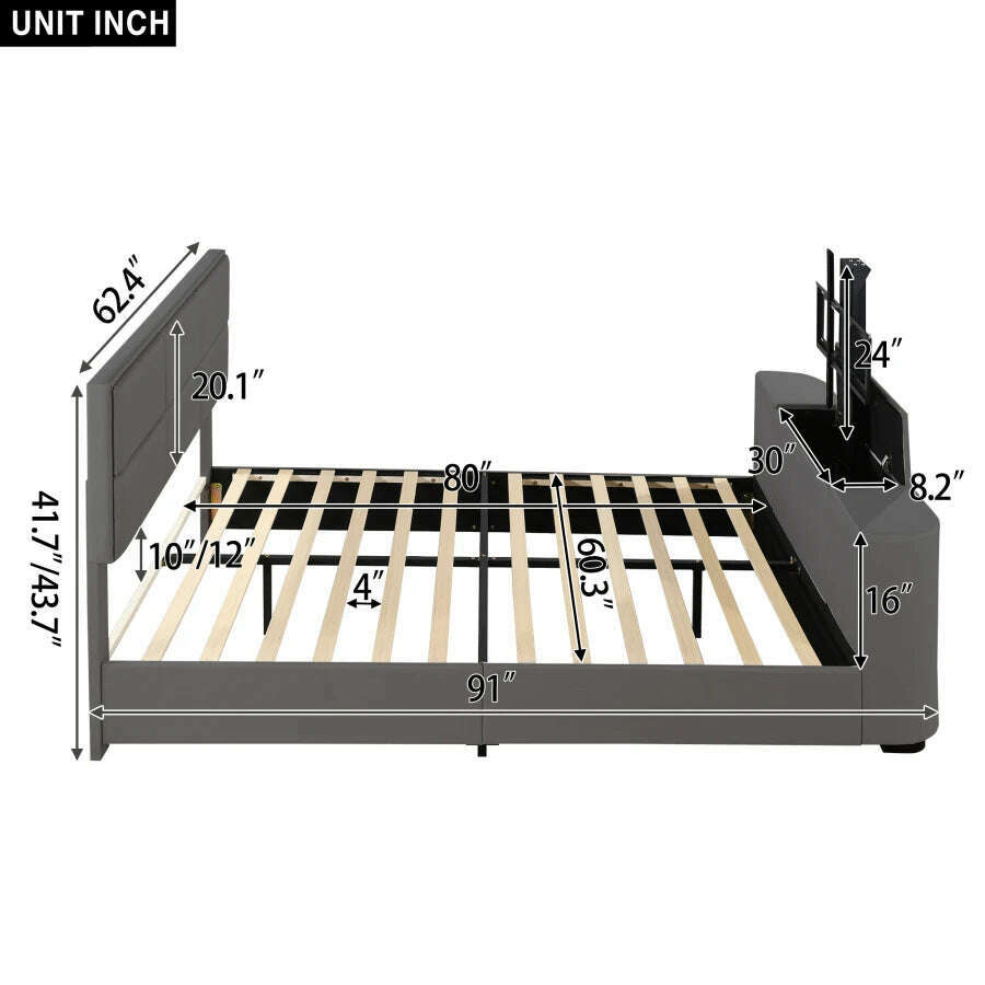 Queen Size Modern Upholstery TV Platform Bed Frame with Height- adjustable Headboard and Support Legs, with Rotating TV Mount - KIMLUD