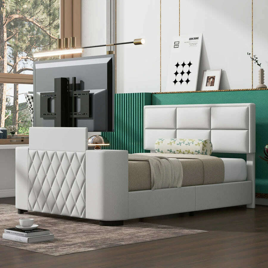 Queen Size Modern Upholstery TV Platform Bed Frame with Height- adjustable Headboard and Support Legs, with Rotating TV Mount - KIMLUD