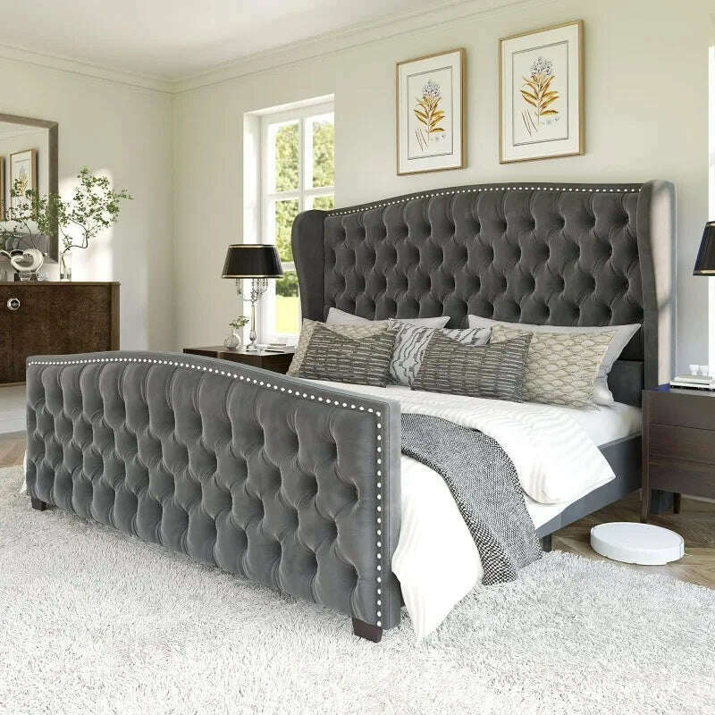 KIMLUD, Queen Size Platform Bed Frame, Velvet Upholstered Bed with Deep Button Tufted & Nailhead Trim Wingback Headboard, Grey / United States, KIMLUD APPAREL - Womens Clothes