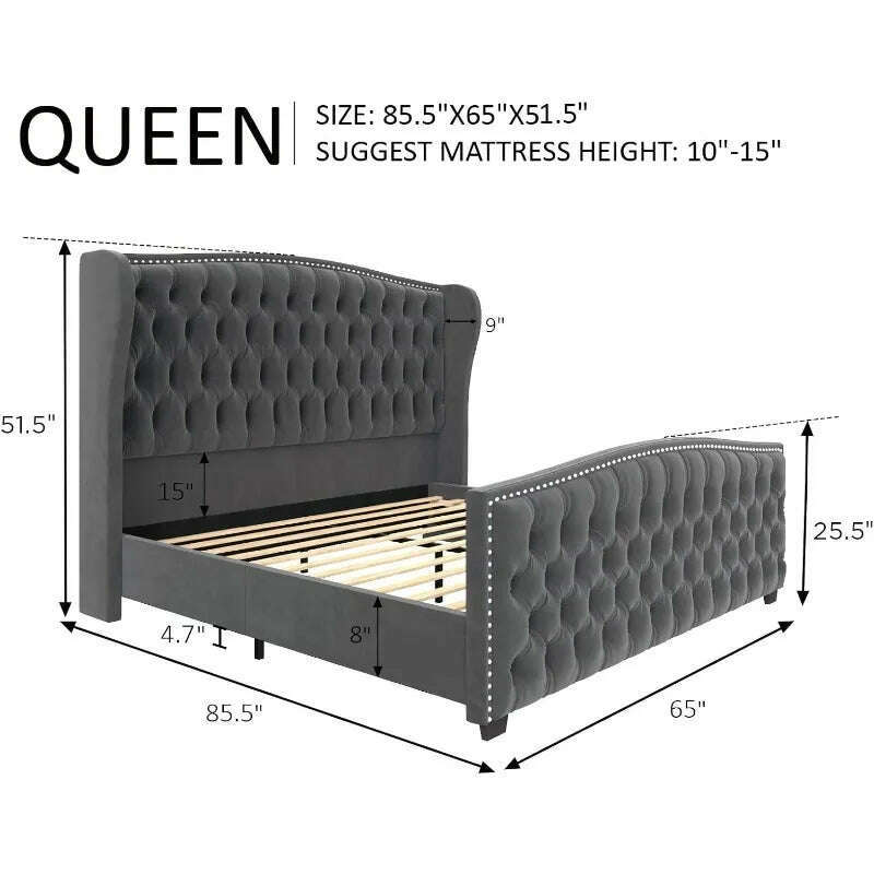 KIMLUD, Queen Size Platform Bed Frame, Velvet Upholstered Bed with Deep Button Tufted & Nailhead Trim Wingback Headboard, KIMLUD Womens Clothes